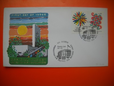 HOPCT PLIC FDC S NR 386 CARTIERUL GENERAL 1982 1982 - ONU-NATIUNILE UNITE BIROUL GENEVA-ELVETIA-NECIRCULAT foto