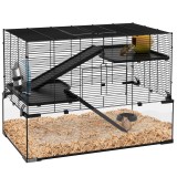 PawHut Cușcă pentru Hamsteri, Gerbili și Animale Mici din Fir de Otel și Sticlă cu Rotiță, 76.5x48.5x54.5 cm, Negru | Aosom Romania
