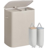SONGMICS Cos de rufe pentru baie,160 L,cu 2 compartimente pentru separarea hainelor,saci detasabili cu manere pentru transport si capac pentru prot