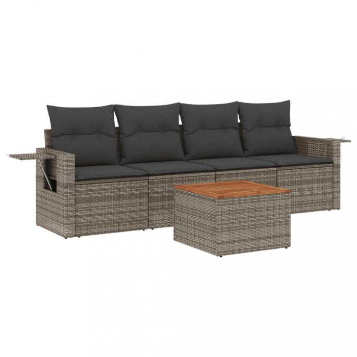 Set canapea de gradina cu perne, 5 piese, gri, poliratan