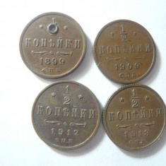 3 Monede 1/2 kopeici Rusia Nicolae II , cupru : 1909 ,1912 , 1913 (1899 gaurita)