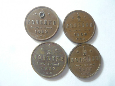 3 Monede 1/2 kopeici Rusia Nicolae II , cupru : 1909 ,1912 , 1913 (1899 gaurita) foto