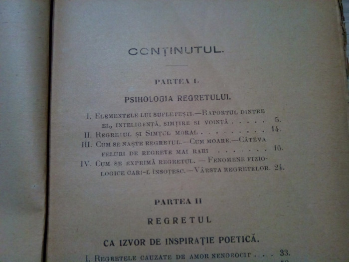 PSIHOLOGIA REGRETULUI - SENTIMENTALUL - N. Zaharia - Editura SOCEC, 1922, 112p.