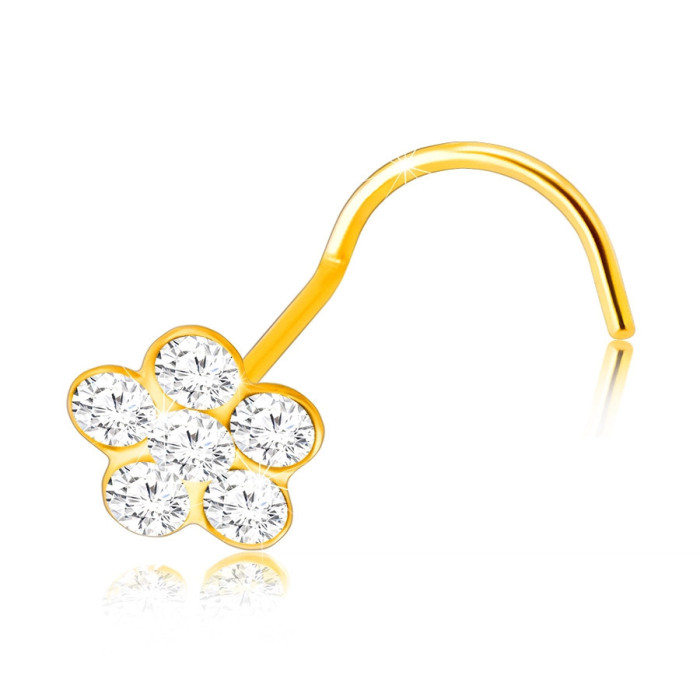 Piercing din aur galben 375 cu capăt curbat - floare cu petale rotunde clare