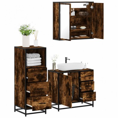 Set mobilier de baie, 3 piese, stejar fumuriu, lemn prelucrat foto