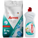 Detergent pudra pentru rufe albe Active, sac 5kg, 68 spalari + Detergent de vase lichid Active, 0.5 litri, cocos