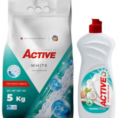 Detergent pudra pentru rufe albe Active, sac 5kg, 68 spalari + Detergent de vase lichid Active, 0.5 litri, cocos