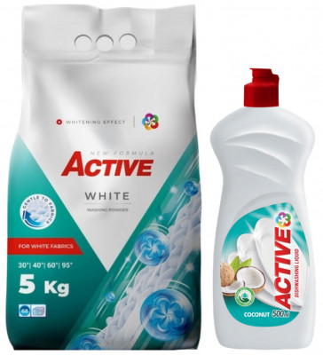 Detergent pudra pentru rufe albe Active, sac 5kg, 68 spalari + Detergent de vase lichid Active, 0.5 litri, cocos foto