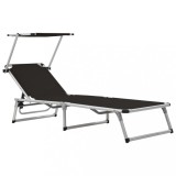 Șezlong Pliabil vidaXL, Aluminiu &amp; Textilenă, Negru, cu Acoperiș Reglabil, Portabil, Gradina/Plaja, 186cm