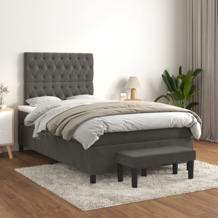 vidaXL Pat box spring cu saltea, gri &icirc;nchis, 120x200 cm, catifea 3138014