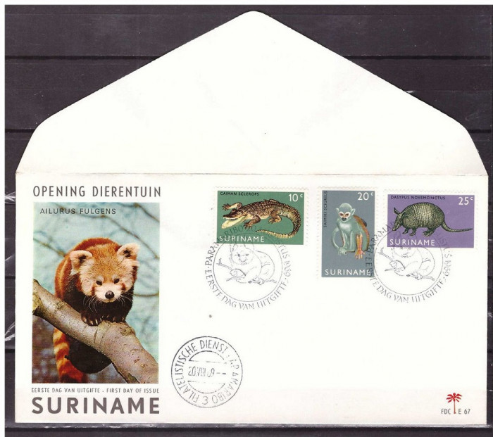 FDC - plic prima zi -Surinam, fauna, 1969, caiman, maimuta - varianta 1