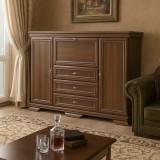 Comoda living VM6P, o usa rabatabila pentru bar, 2 usi fixe, 3 sertare, Pal melaminat, cu insertii MDF, Nuc