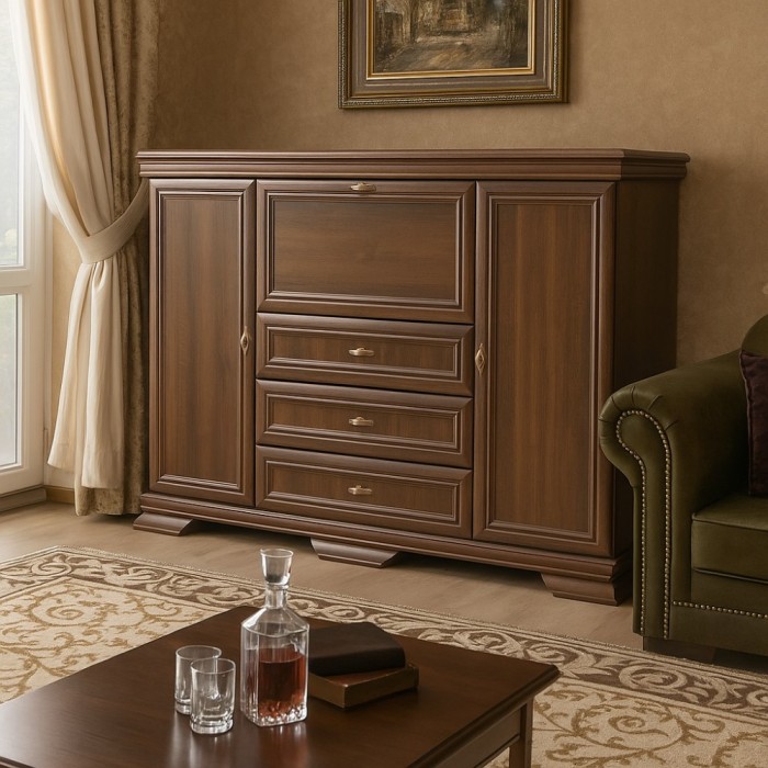 Comoda living VM6P, o usa rabatabila pentru bar, 2 usi fixe, 3 sertare, Pal melaminat, cu insertii MDF, Nuc