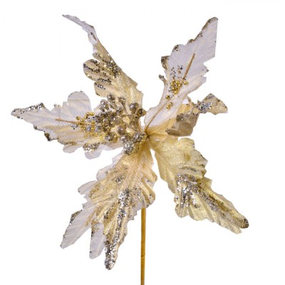 Floare Decorativă Crăciun, Crăciuniță, Glitter, Aurie, 30cm, Poliester foto