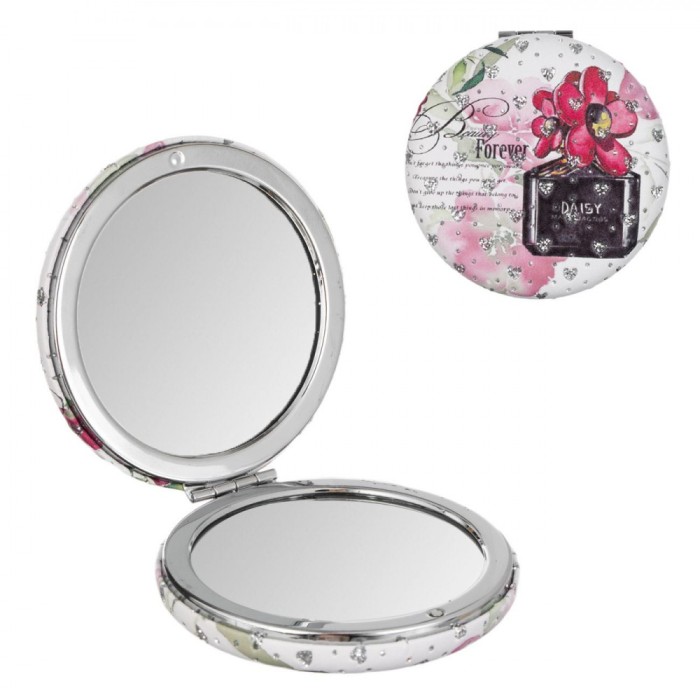 Oglindă Buzunar JB Beauty, Multicolor, 7cm, Dublă Față, Model Inimi și Parfum