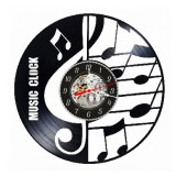 Ceas de perete decorativ realizat din disc de vinil, Model Cheia Sol si Note Muzicale pe Portativ, Text Music Clock, Negru, 30 cm