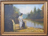 Doamna apelor, cu flori - tablou, pictură veche &icirc;n ulei