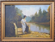 Doamna apelor, cu flori - tablou, pictură veche &icirc;n ulei