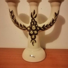 Suport lumanare sfesnic ceramica 3 brate floral Rosa Ljung Suedia 23 cm