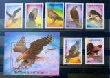 Kyrgyzstan 1995 păsări de pradă, vultur, bufnita, ulii, serie + bloc Neștampilată, Nestampilat