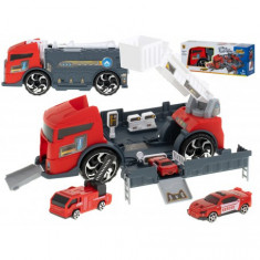 Camion de transport TIR 2in1 parcare garaj stație de pompieri + 3 mașini roșu
