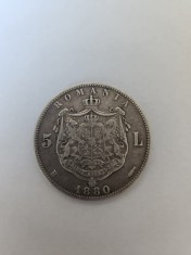 Moneda argint 5 lei 1880, semnatura sub gat foto