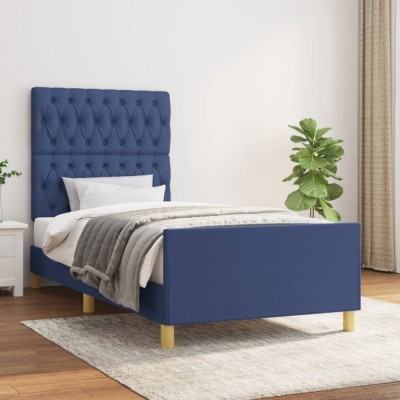 vidaXL Cadru de pat cu tăblie, albastru, 90x200 cm, textil foto