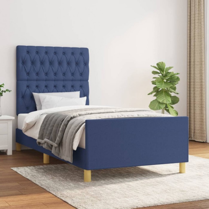 vidaXL Cadru de pat cu tăblie, albastru, 90x200 cm, textil