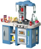 Bucatarie pentru copii WePro Store, circuit de apa real, cuptor si plita, sunete si lumini, accesorizata complet, 67 piese, Albastra, 3 ani +