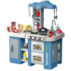 Bucatarie pentru copii WePro Store, circuit de apa real, cuptor si plita, sunete si lumini, accesorizata complet, 67 piese, Albastra, 3 ani +