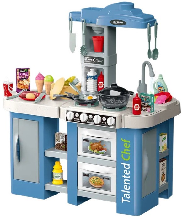 Bucatarie pentru copii WePro Store, circuit de apa real, cuptor si plita, sunete si lumini, accesorizata complet, 67 piese, Albastra, 3 ani +