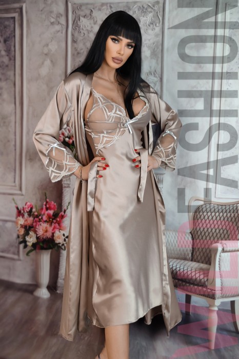 Q779A-8 Set 2 piese lenjerie de seara elegant-casual din desu si halat cu material satinat si plasa cu model