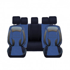 Set Huse Scaune Auto pentru Daewoo Matiz - DeluxeBoss stofa cu piele ecologica, negru cu albastru, 11 bucati