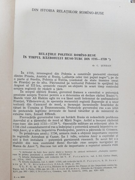 Relatiile politice romano-ruse in timpul razboiului romano-turc din 1735-1739 - C. Serban