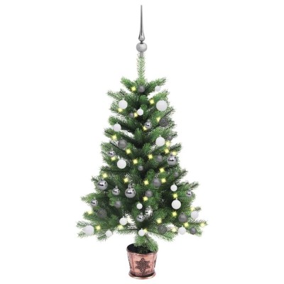 Brad Crăciun pre-iluminat artificial, set globuri, verde, 90 cm foto
