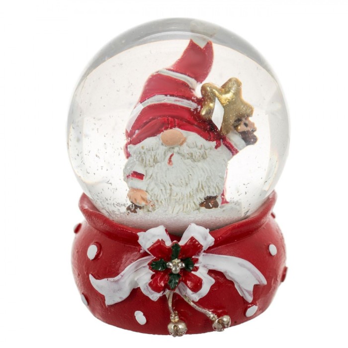 Glob Decorativ Crăciun, Model Gnome, Bază Roșie cu Panglică Albă, Diametru 4x6cm, Sticlă și Ceramică