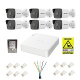 Kit supraveghere IP Hikvision 6 camere 2MP IR 30m PoE Lentila 2.8mm, NVR 8 canale 6MP PoE, accesorii montaj, HDD 1TB + Autocolant Rovision SafetyGuard