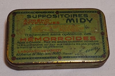 MIDY farmacie supozitoare hemoroizi cutie veche din tabla litografiata anii 1930 foto