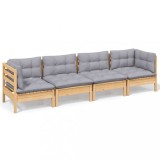 Set mobilier gradina cu perne gri, 4 piese, lemn masiv de pin