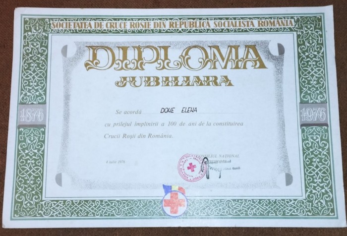 AMS# - DIPLOMA JUBILIARA IMPINIREA 100 ANI CONST. CRUCII ROSII RO 1876-1976