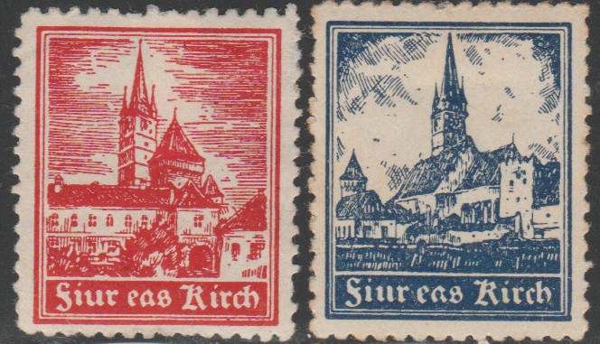 Romania anii 30 - 2 Vignete dantelate Biserica Evanghelica Sf. Margareta Medias