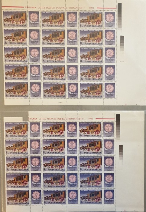 Colițe x2 filatelice complete &bdquo;Ziua Mărcii Poștale Rom&acirc;nești 1991&rdquo; &ndash; 100 ani Societatea Filatelică Rom&acirc;nă