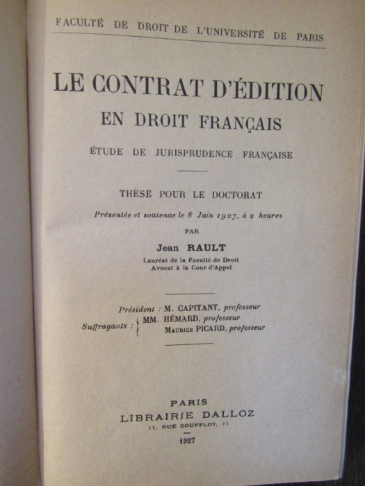 LE CONTRAT D&#039;EDITION EN DROIT FRANCAIS-JEAN RAULT