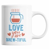 Cana alba personalizata "Iubire, esti frumoasa cand faci cafea", INOVATIX&reg;. 330 ml