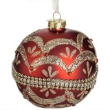 Ornament Brad de Craciun Glob din Sticla Rosie cu Glitter Auriu, CMCLASS