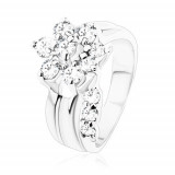 Inel de culoare argintie, floare strălucitoare din zirconii transparente, braţe despicate - Marime inel: 50