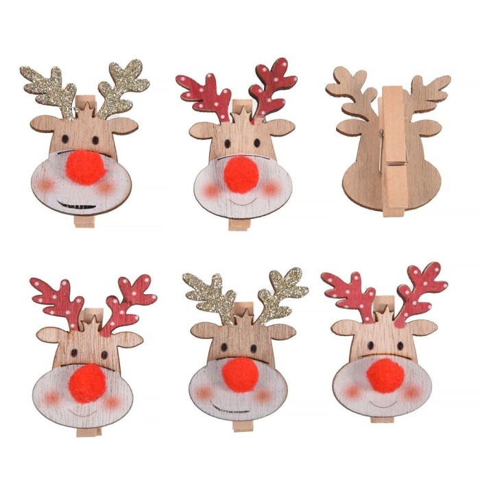Set Clestisori Decorativi Craciun, Model Cerb Cu Nas Rosu Pompon, Lemn, 6 Bucati, 4x5cm