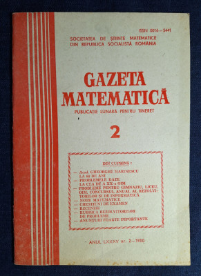 Carte - Gazeta Matematica, anul LXXXV, nr. 2, februarie 1980 foto