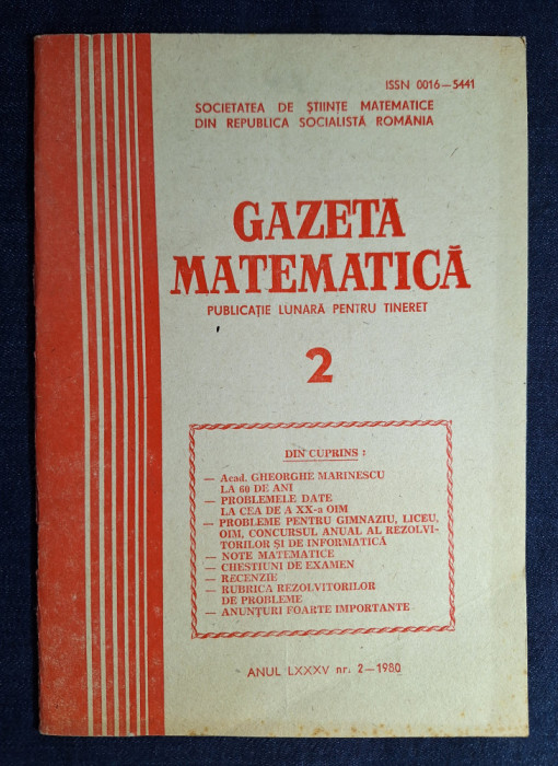 Carte - Gazeta Matematica, anul LXXXV, nr. 2, februarie 1980