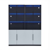 Vitrină modernă minimalistă cu uși din sticlă, iluminare LED, 160x30x200 cm, Alb + Negru